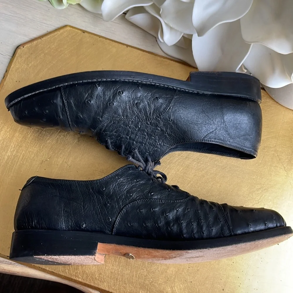 EXOTIC Genuine Ostrich Max Leather USA Cap Toe Oxfords in Black